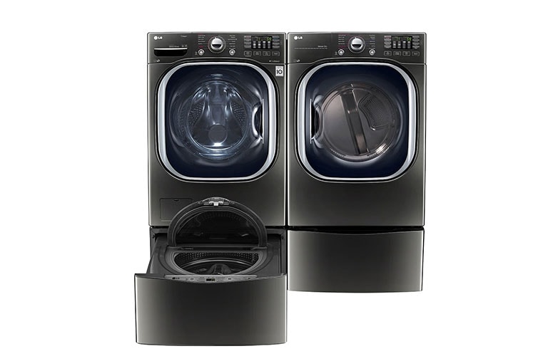 Front view of 6.3 Total Capacity LG TWINWash™ Bundle with LG Pedestal Washer and Electric Dryer WM4370HKA_DLEX4370K_WD100CK_WDP4K