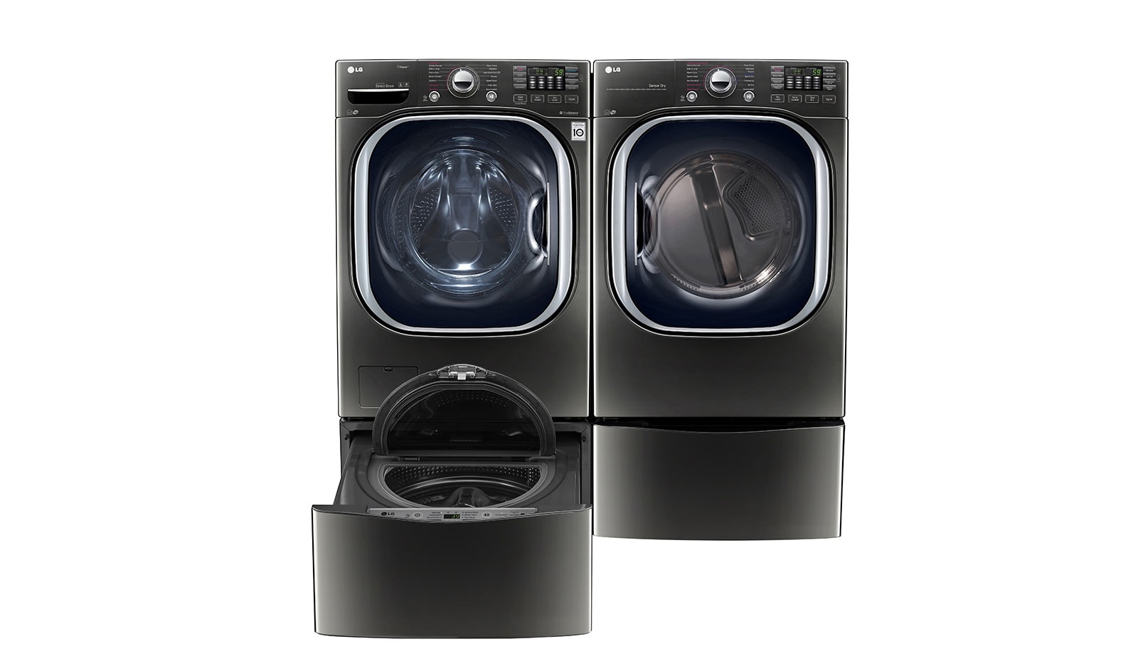 Front view of 6.3 Total Capacity LG TWINWash™ Bundle with LG Pedestal Washer and Electric Dryer WM4370HKA_DLEX4370K_WD100CK_WDP4K