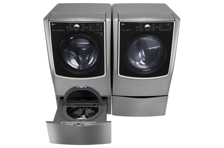 Front view of 7.1 Total Capacity LG TWINWash™ Bundle with LG Pedestal and Gas Dryer WM9000HVA_WD200CV_DLGX9001V_WDP5V