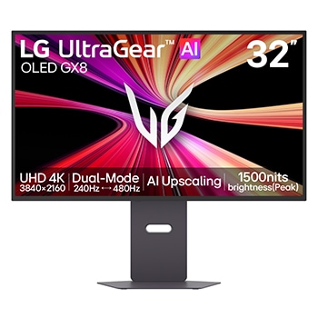 Front view of 32-inch UltraGear evo GX8, World's First AI Upscaling 32" 4K OLED Gaming Monitor 32GX870B-B