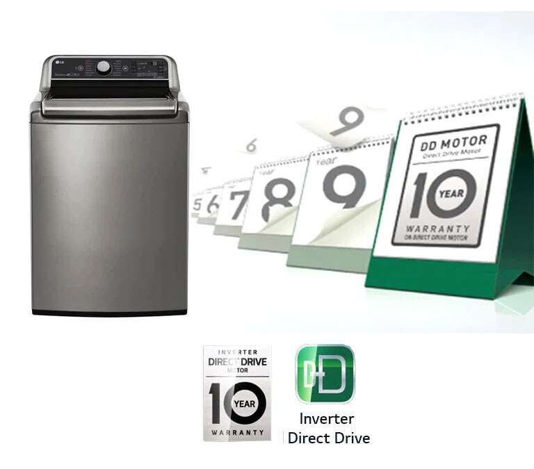 The top view of the washer is shown with the control panel and beside it is the 10 Year Warranty logo and the Inverter DirectDrive logo.The logos have a ray of light glide over them to shine as it does.