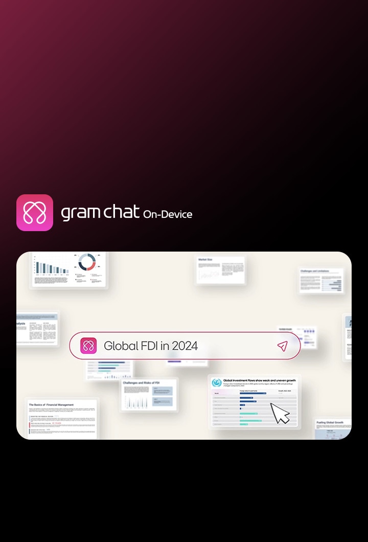 LG gram chat On-Device AI durchsucht lokale Dateien, um passgenaue Antworten liefern zu können. Zu sehen ist ein Suchergebnis für „Global FDI in 2024“ mit Dokumentenvorschau.