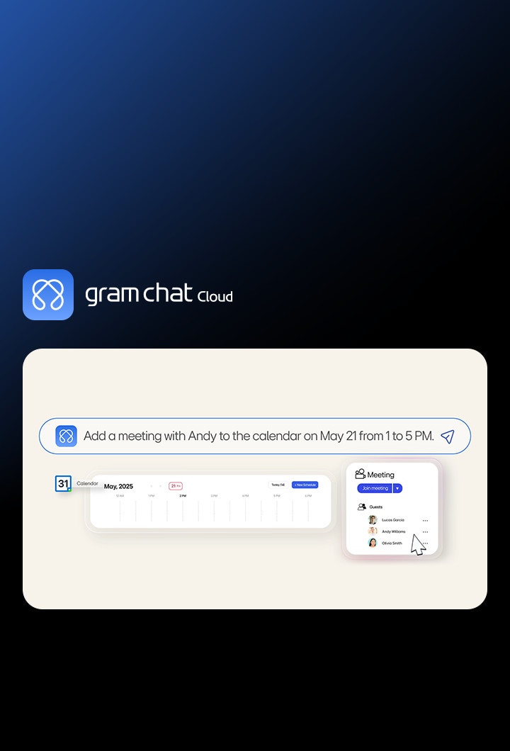 LG gram chat Cloud AI plant nach einem Sprachbefehl ein Meeting. Zu sehen sind unter anderem ein Kalender und Details zur Besprechung.