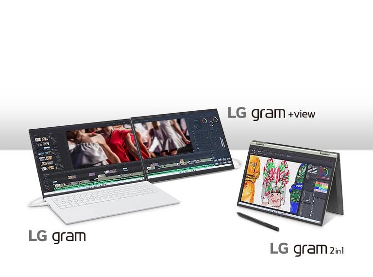 A woman is holding LG gram with big smile.