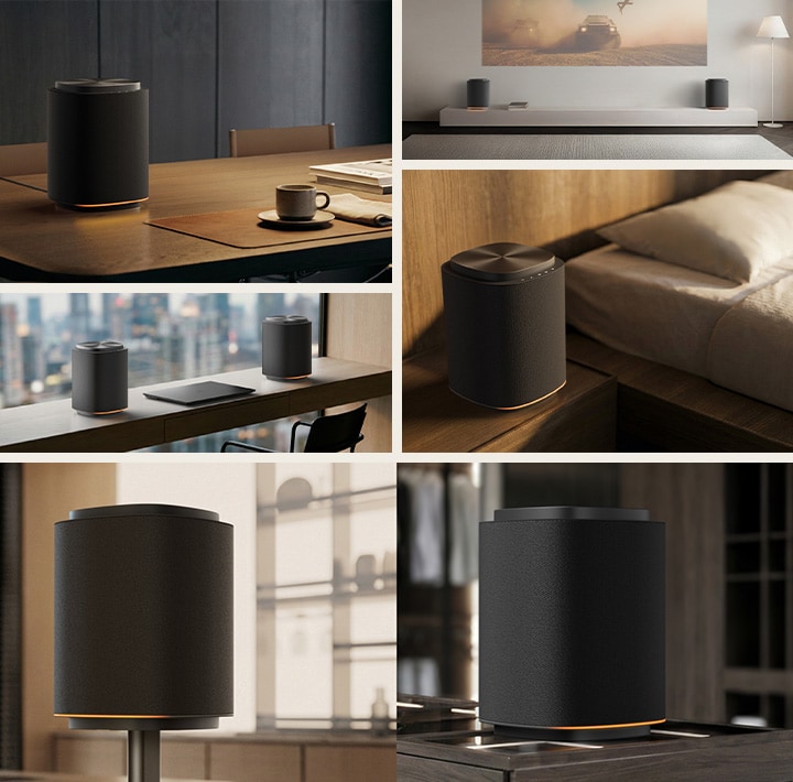 LG Sound Suite M7 wireless speaker placed in various home settings including desk, bedside, TV setup and speaker stand