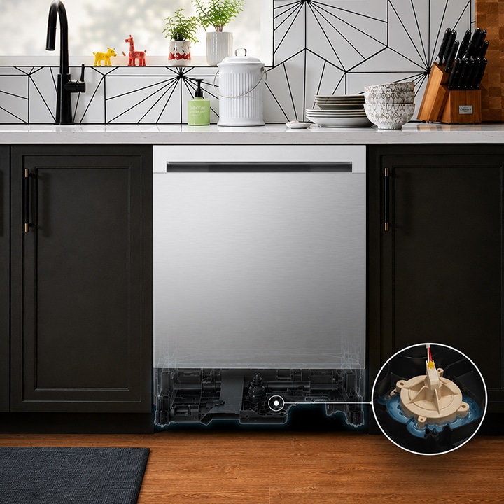 LG dishwasher installed in a modern kitchen, highlighting the DirectDrive motor system