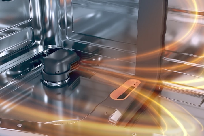 LG dishwasher interior featuring Dynamic Heat Dry™ technology for enhanced drying performance