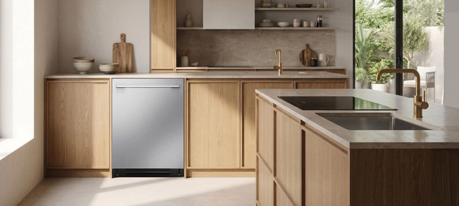 LG stainless steel dishwasher integrated into a bright, modern kitchen