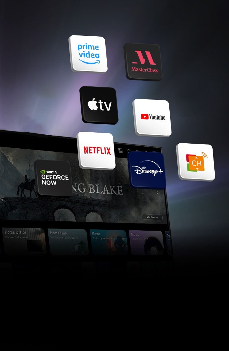 The LG TV webOS screen is in the background and 11 blocks are floating on it. Each block has a logo image of Luna, Prime Video, Master Class, Les Mills, YouTube, Apple TV plus, Shoptime, Netflix, Disney plus, GeForce NOW, and LG Channels.