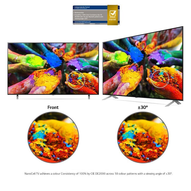Two LG NanoCell TV ‘s side by side showing an image of hands holding multicoloured dye particles from a front on and an off-center viewing angle. The picture remains consistently vivid and accurate from both angles.