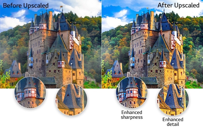 Comparison of picture quality of an antique castle in the middle of a forest with the closeup of one of roofs with enhanced sharpness and detail after upscaled.