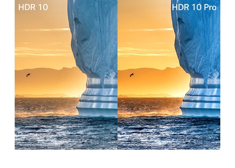 A picture of the sea, a seagull on the left, and the cliff on the right with the text of HDR on the upper left is blurry. A picture of the sea, a seagull on the left, and the cliff on the right with the text of HDR 10 Pro on the upper right is clearer and more realistic.