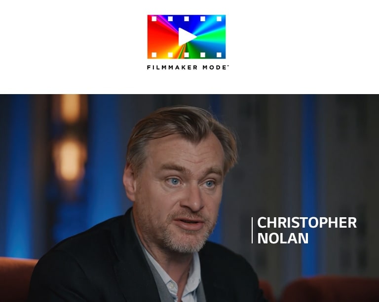 A logo of FILMMAKER MODE™. Under the logo, Christopher Nolan is having an interview in a dark room.