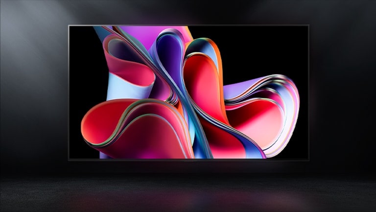 An image of LG OLED G3 against a black backdrop showing a bright pink and purple abstract artwork.
