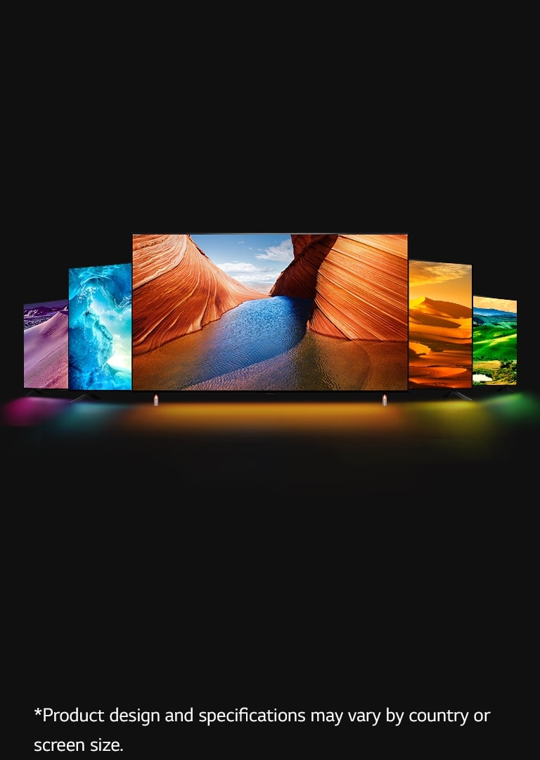 There are five QNED TVs – one in the middle facing forward. Two are placed on the left side and two are placed on the right side.  There is purple desert image at night on very left TV, blue icy cave on second left TV, orange-colored cliffs on blowhole facing  each other on middle TV, bright yellow desert on right TV, and vast open green field on very right TV. 