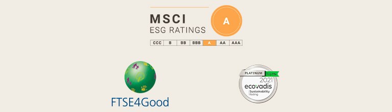 MSCI ESG logo, FTSE4Good logo, 2020 Eco Vadis logo