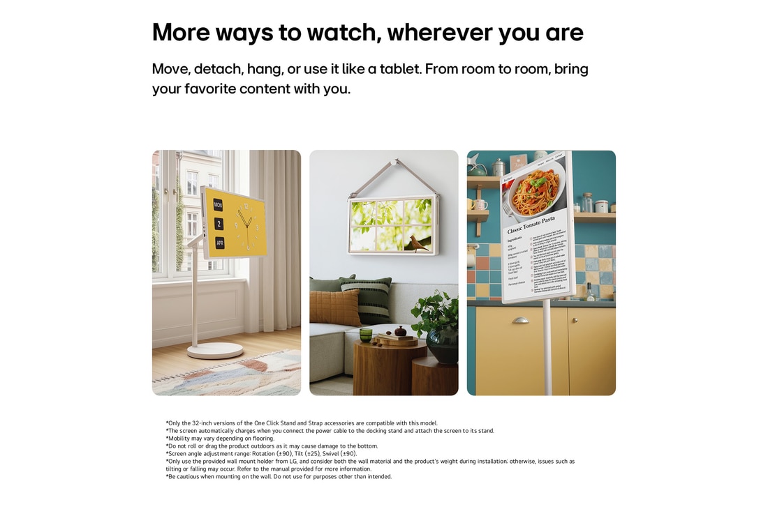 LG StanbyME 2 Max LX6 Movable Screen showcased as a Mood Maker, highlighting how it helps personalize your space—transforming into a window, poster, relaxing visuals, music turntable, or a clock.