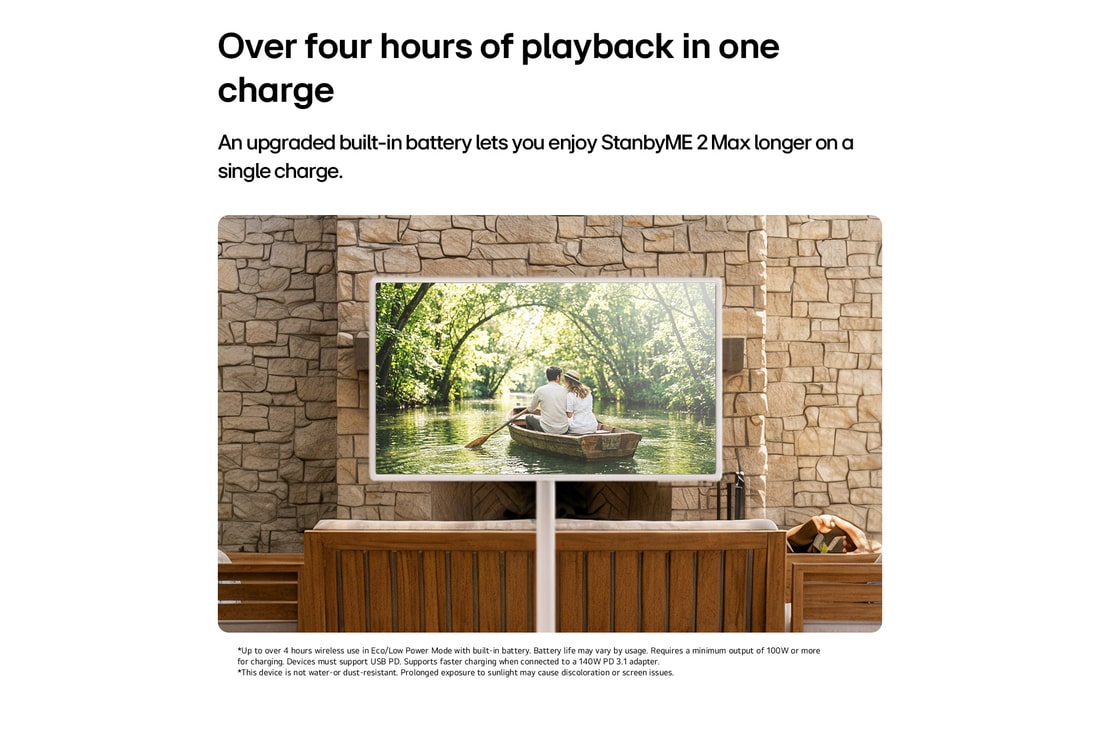 LG StanbyME 2 Max LX6 Movable Screen connected via a USB-C cable on a table, displaying a home widget interface, highlighting convenient charging and seamless device connectivity through USB-C port.