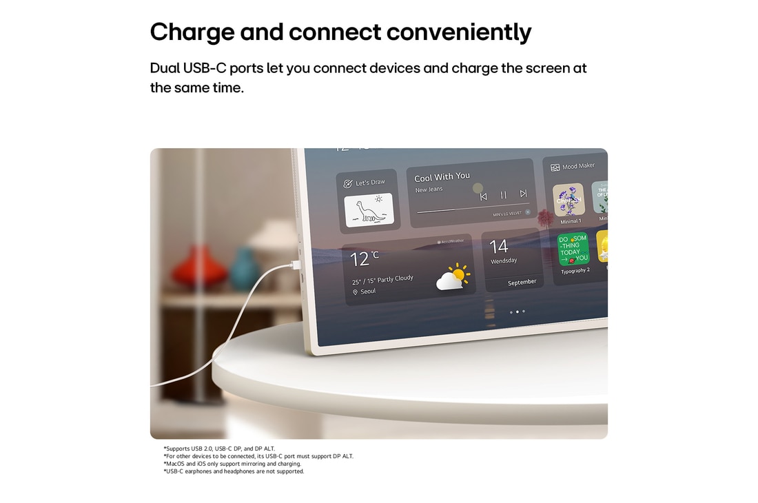 LG StanbyME 2 Max LX6 Movable Screen highlights more ways to share your screen with Mirroring & Connectivity, displaying meeting materials via HDMI and seamlessly mirroring content with Google Cast, Apple AirPlay, and Apple Home support.