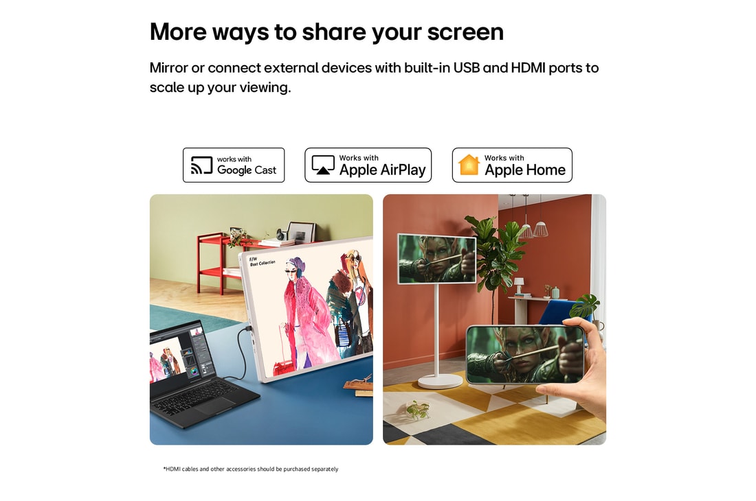 LG StanbyME 2 Max LX6 Movable Screen is placed in a bright room with orange walls beside a window, displaying a red airplane flying across a blue sky, highlighting vivid screen content and flexible placement for relaxed viewing.