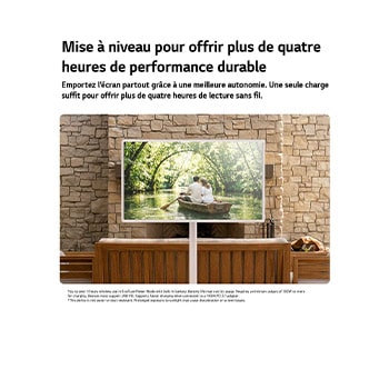 LG StanbyME 2 Max LX6 Movable Screen with a Built-in Battery stands among wooden furniture in a stone-walled courtyard, supporting over four hours of playback in one charge for flexible viewing without a power connection.