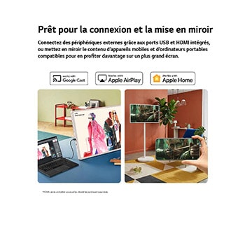 LG StanbyME 2 Max LX6 Movable Screen highlights more ways to share your screen with Mirroring & Connectivity, displaying meeting materials via HDMI and seamlessly mirroring content with Google Cast, Apple AirPlay, and Apple Home support.