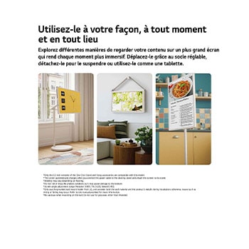 LG StanbyME 2 Max LX6 Movable Screen showcased in multiple home settings, highlighting its detachable and super portable screen for flexible use wherever you are—standing by a window, wall-mounted like décor, or used for viewing content anywhere.