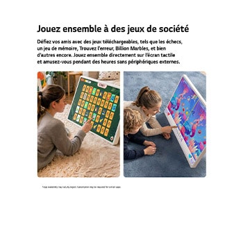 LG StanbyME 2 Max LX6 Movable Screen with Interactive Board Games shows users enjoying interactive touch-based board games together, highlighting engaging gameplay and shared entertainment on a large display.