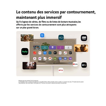 LG StanbyME 2 Max LX6 Movable Screen with Various OTT Services displays streaming app interfaces like Netflix and YouTube on and around the screen, representing access to diverse contents including dramas, movies, and music.