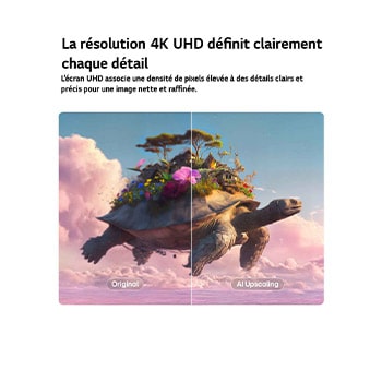 LG StanbyME 2 Max LX6 Movable Screen with AI Super Upscaling shows a split image of a flying turtle with objects on its shell, with one side blurred and the other clear, demonstrating enhanced clarity and refined 4K-level detail.
