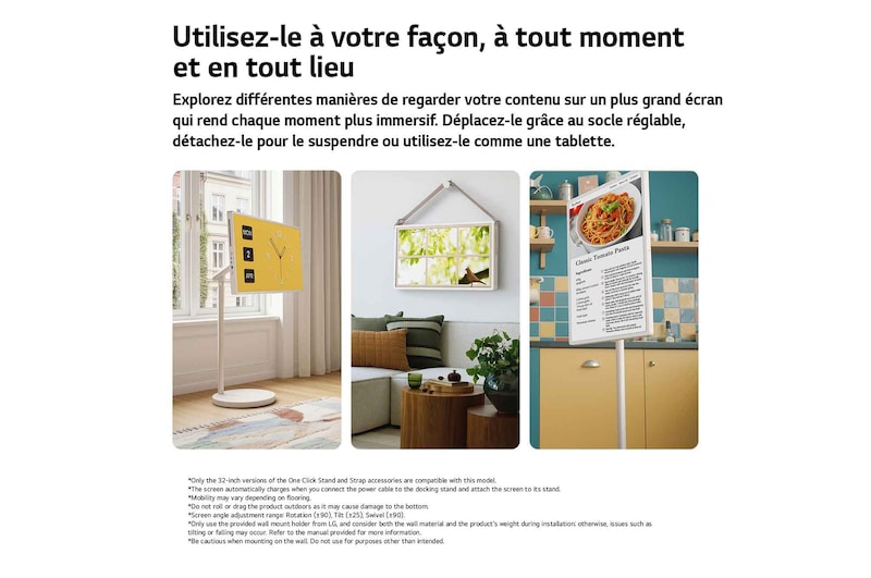 LG StanbyME 2 Max LX6 Movable Screen showcased in multiple home settings, highlighting its detachable and super portable screen for flexible use wherever you are—standing by a window, wall-mounted like décor, or used for viewing content anywhere.