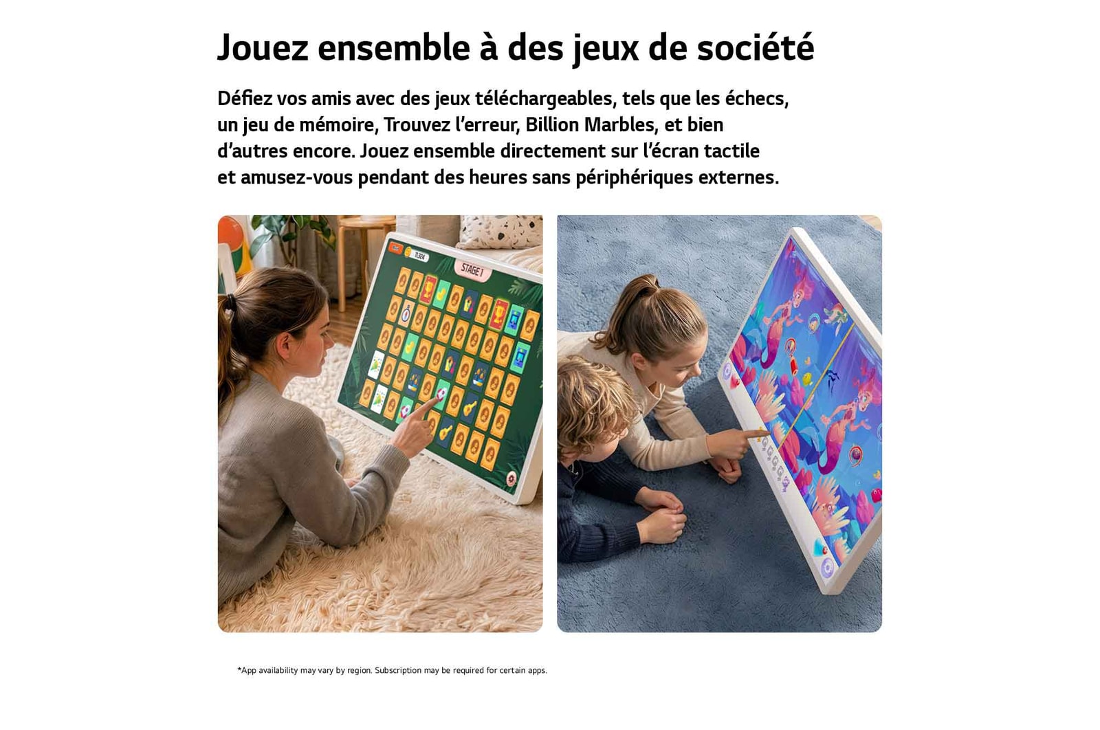 LG StanbyME 2 Max LX6 Movable Screen with Interactive Board Games shows users enjoying interactive touch-based board games together, highlighting engaging gameplay and shared entertainment on a large display.
