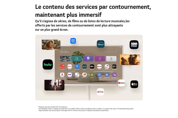 LG StanbyME 2 Max LX6 Movable Screen with Various OTT Services displays streaming app interfaces like Netflix and YouTube on and around the screen, representing access to diverse contents including dramas, movies, and music.