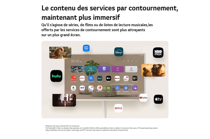 LG StanbyME 2 Max LX6 Movable Screen with Various OTT Services displays streaming app interfaces like Netflix and YouTube on and around the screen, representing access to diverse contents including dramas, movies, and music.