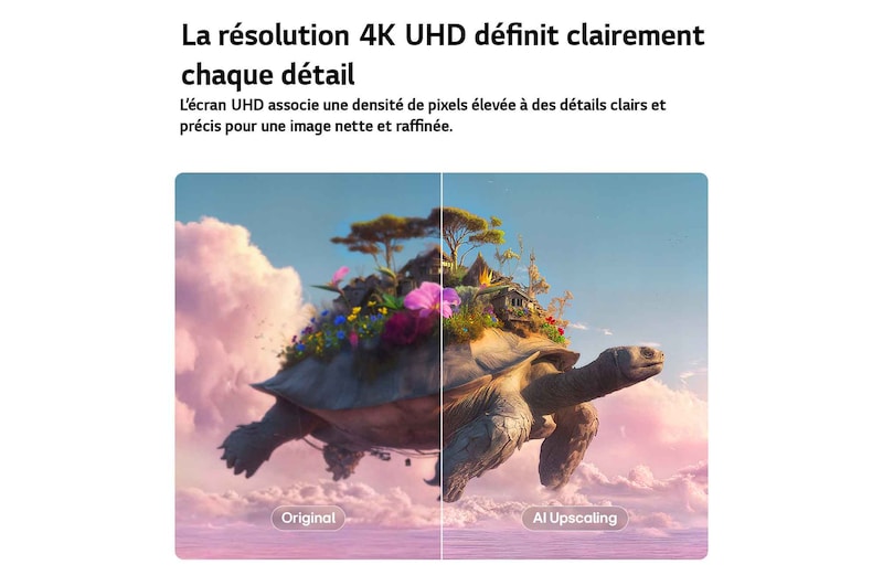 LG StanbyME 2 Max LX6 Movable Screen with AI Super Upscaling shows a split image of a flying turtle with objects on its shell, with one side blurred and the other clear, demonstrating enhanced clarity and refined 4K-level detail.