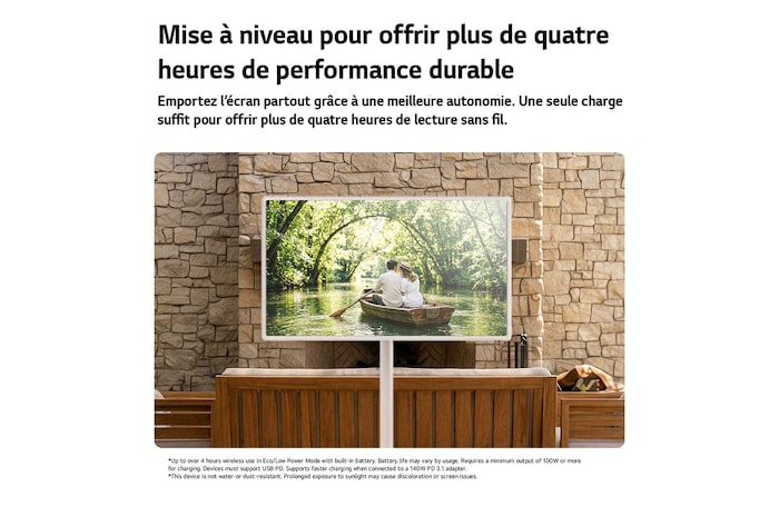 LG StanbyME 2 Max LX6 Movable Screen with a Built-in Battery stands among wooden furniture in a stone-walled courtyard, supporting over four hours of playback in one charge for flexible viewing without a power connection.