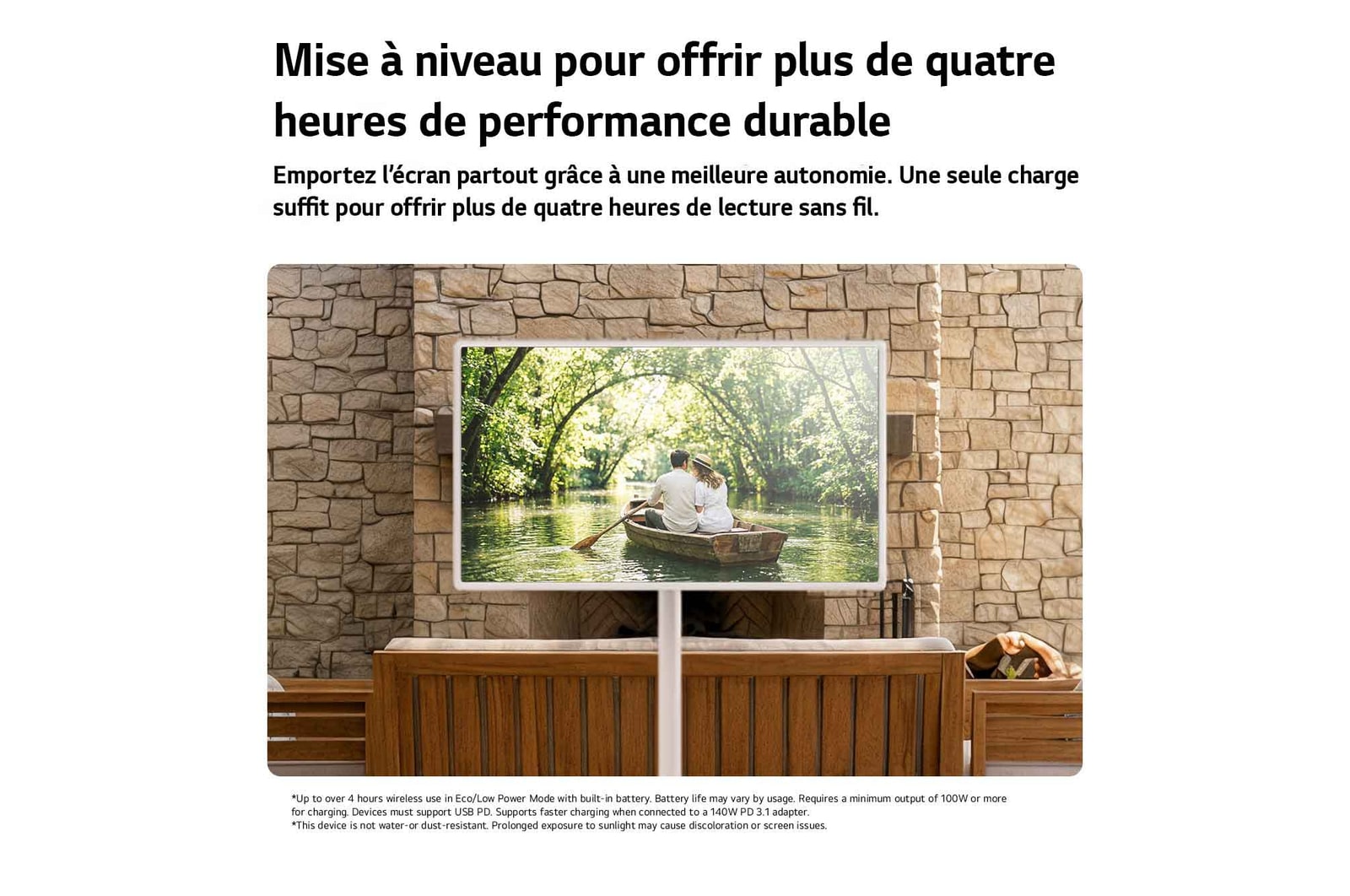 LG StanbyME 2 Max LX6 Movable Screen with a Built-in Battery stands among wooden furniture in a stone-walled courtyard, supporting over four hours of playback in one charge for flexible viewing without a power connection.