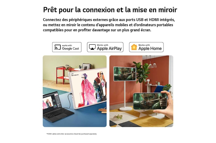 LG StanbyME 2 Max LX6 Movable Screen highlights more ways to share your screen with Mirroring & Connectivity, displaying meeting materials via HDMI and seamlessly mirroring content with Google Cast, Apple AirPlay, and Apple Home support.