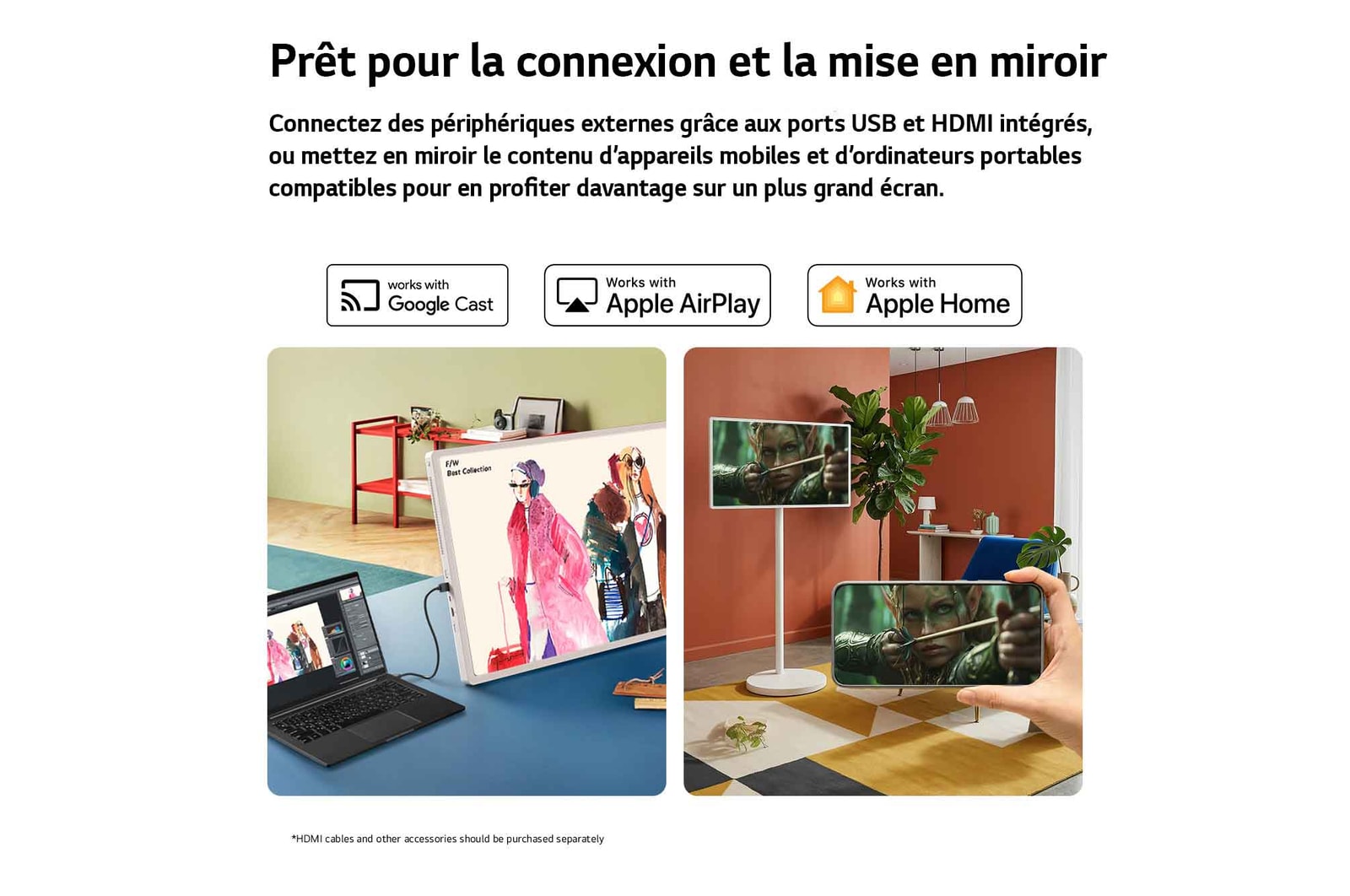 LG StanbyME 2 Max LX6 Movable Screen highlights more ways to share your screen with Mirroring & Connectivity, displaying meeting materials via HDMI and seamlessly mirroring content with Google Cast, Apple AirPlay, and Apple Home support.