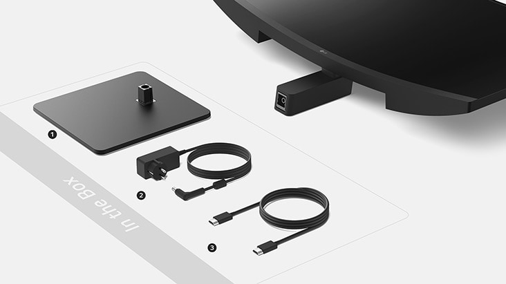 Stand base, Adapter+Power cord and HDMI cable in the box.