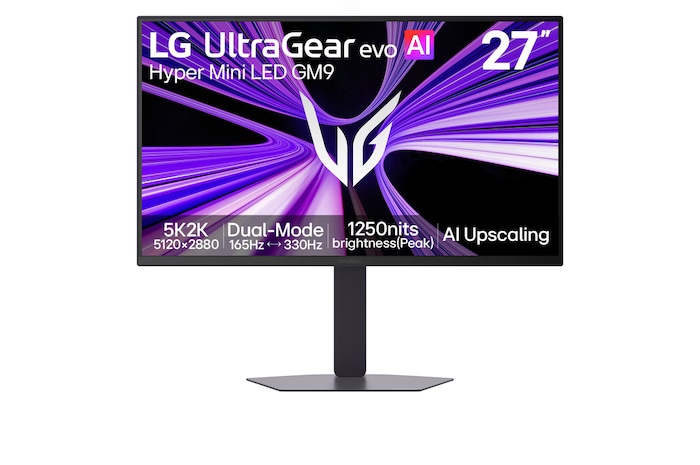 Vue de face du moniteur de jeu UltraGear evo GM9 de 27 pouces, moniteur de jeu Hyper Mini LED à double mode (5K 165 Hz ou QHD 330 Hz) (27GM950B)