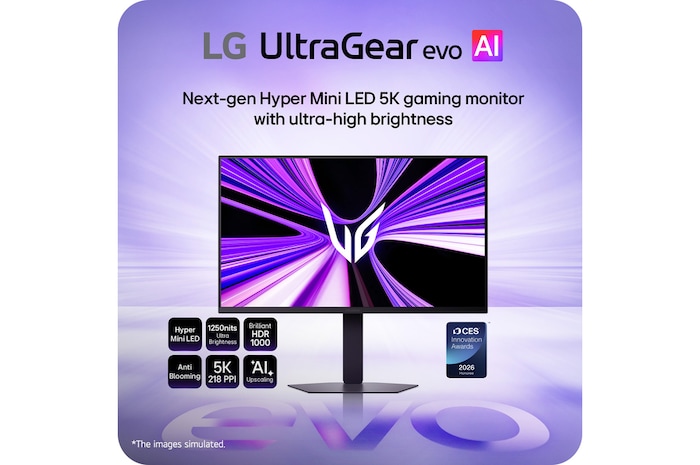 Front view of 27-inch UltraGear evo GM9, Hyper Mini LED Gaming Monitor with Dual Mode (5K 165Hz or QHD 330Hz) (27GM950B)