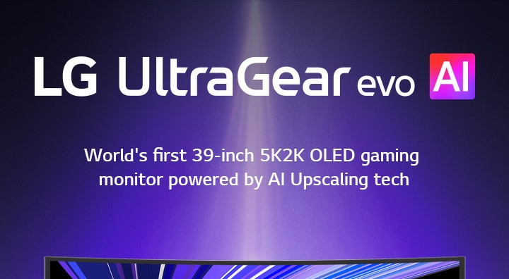 UltraGear™ evo AI logo in a futuristic, neon-lit room.