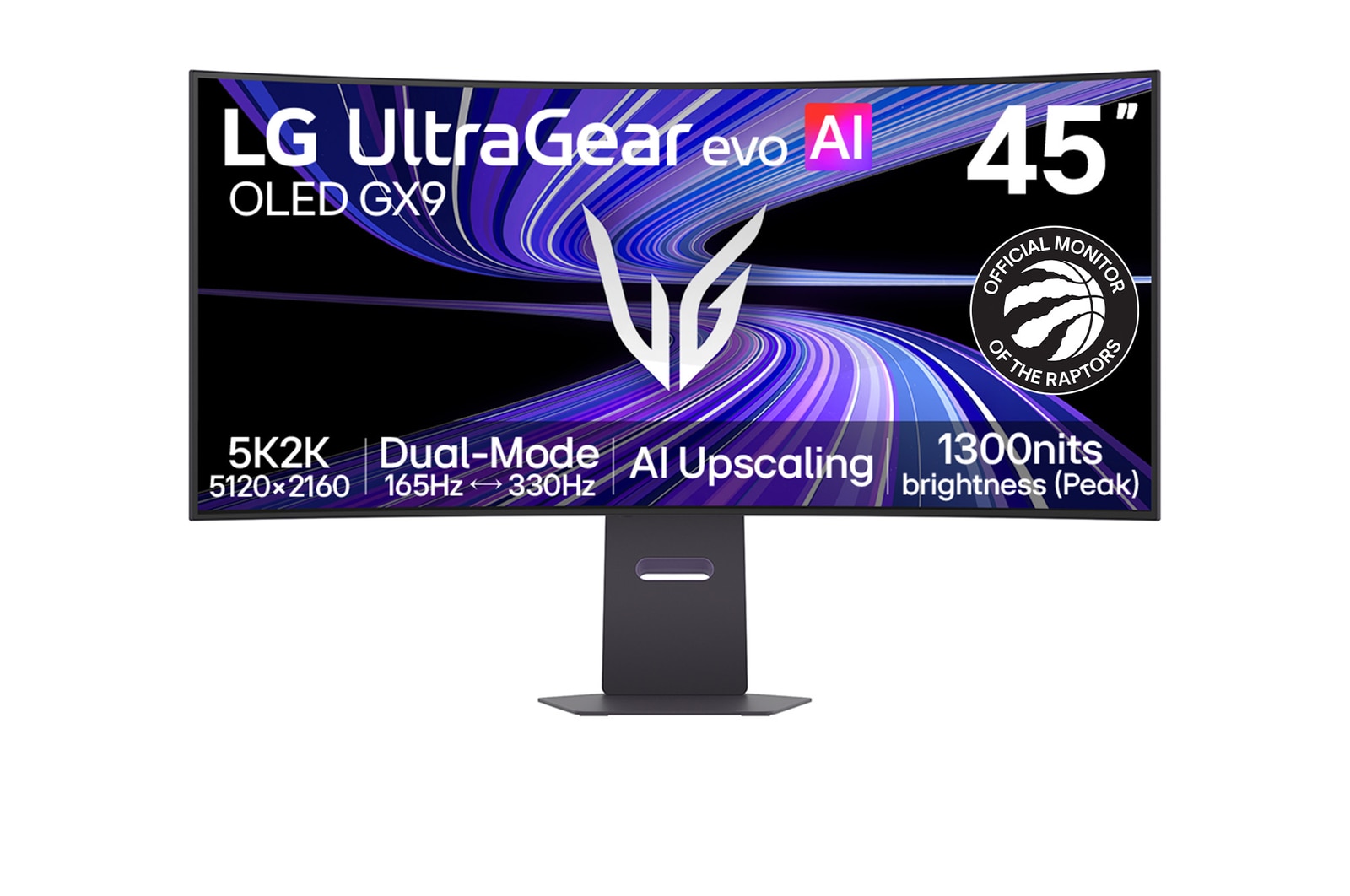 Front view of 45-inch UltraGear evo GX9, World’s First AI Upscaling 45" 5K2K OLED Gaming Monitor 45GX950B