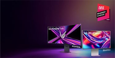 LG UltraGear OLED 45GX950A gaming monitor and LG UltraFine evo 32U990A display showcased with Digital Trends Readers’ Choice 2025 Best Monitor Brand award