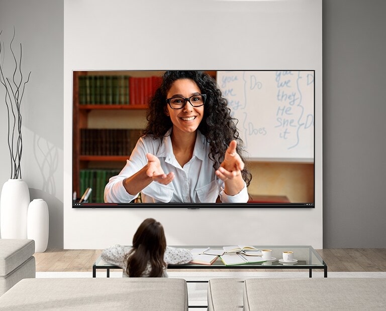Three images of LG QNED MIniLED TV being used in different situations. From top to bottom: on online study session, a virtual meeting, and a house party.