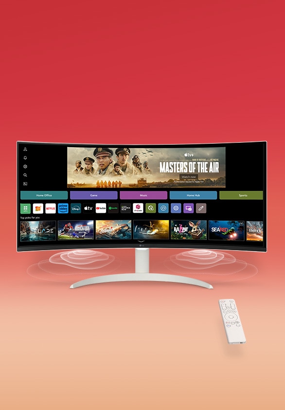 On the smart monitor screen, the webOS interface is displayed. Speaker waves emanate from the bottom corners of the monitor, and on the right side of the screen, there is a remote control.	