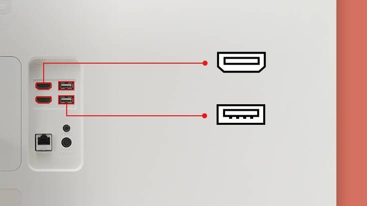 An image showing various ports behind a zoomed-in monitor screen.	