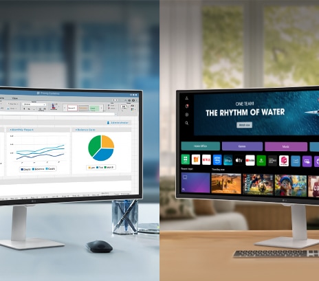 A photo showcasing LG Smart Monitors in a office and home.