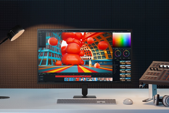 A clean studio workspace featuring the LG UltraFine 32U701B monitor displaying vibrant 3D motion graphics, flanked by a desk lamp and professional audio/video editing equipment.